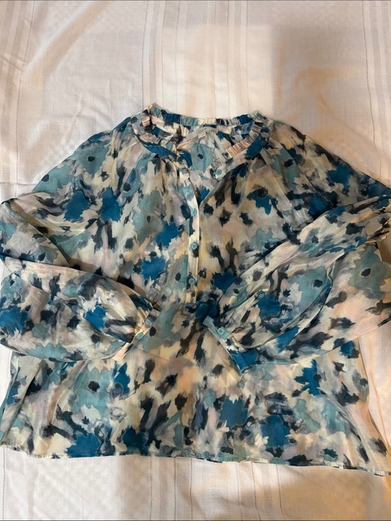 LOFT Tops - LOFT Teal and Blue Abstract Watercolor Button-Front Blouse